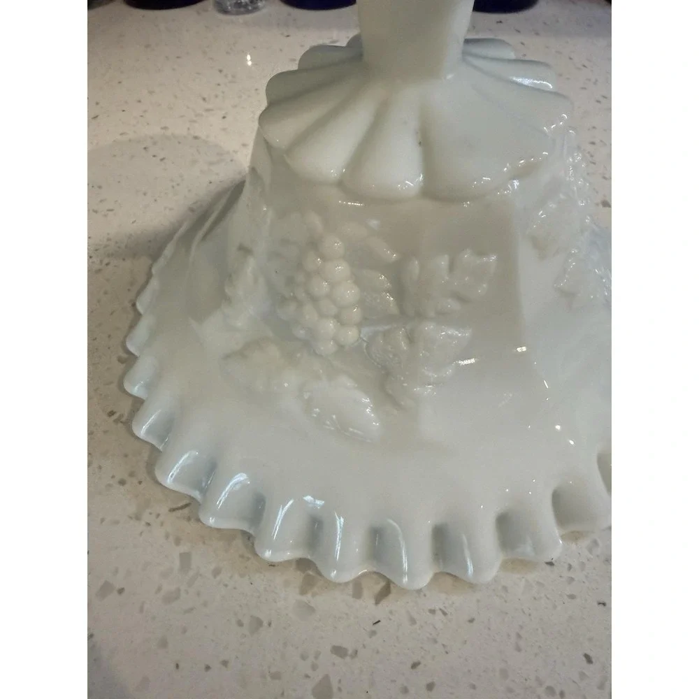 Westmoreland Paneled Grape Milk Glass Footed Compote Bowl Ruffled Mid Century
